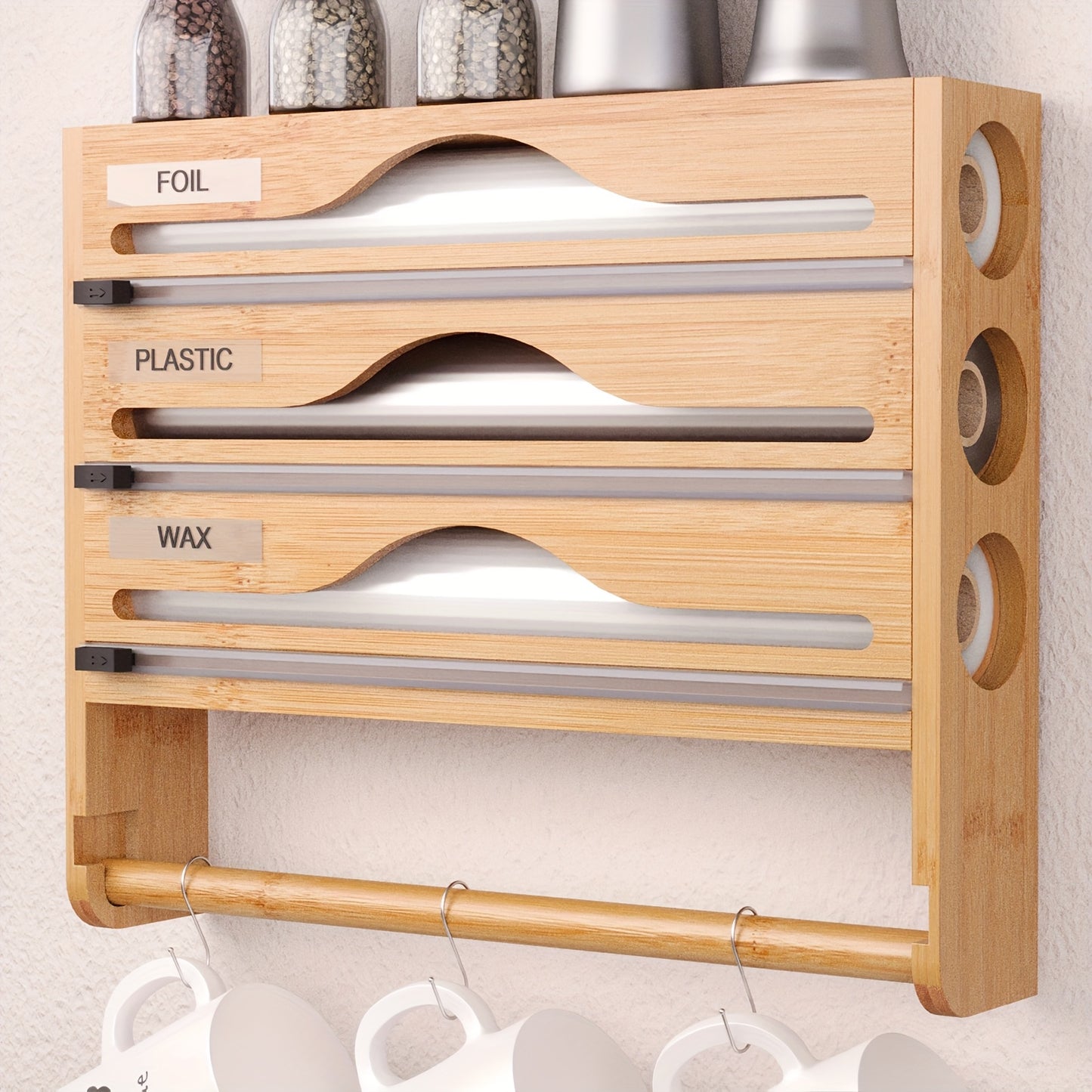 Bamboo Cling Film Cutter Wall-Mounted Foil Cutter for Kitchen, Three-Compartment Storage Rack