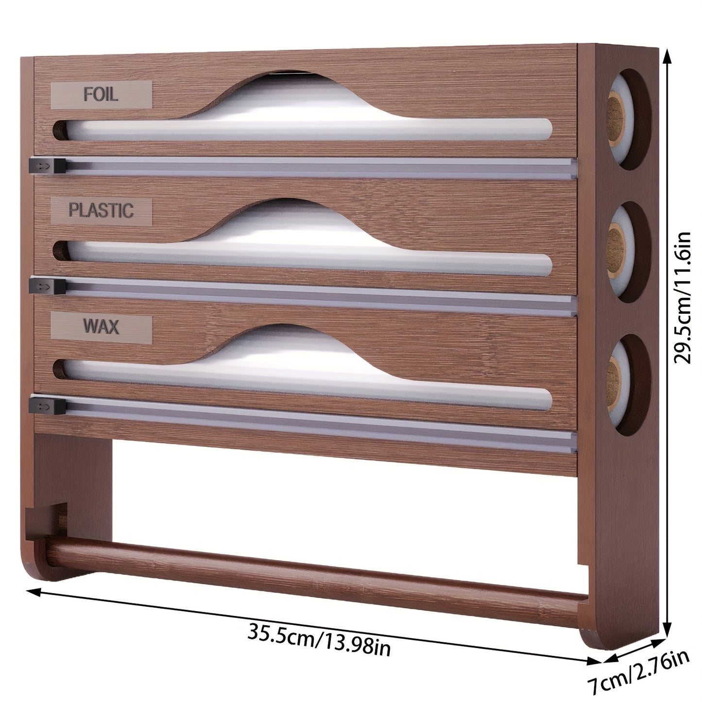 Bamboo Cling Film Cutter Wall-Mounted Foil Cutter for Kitchen, Three-Compartment Storage Rack